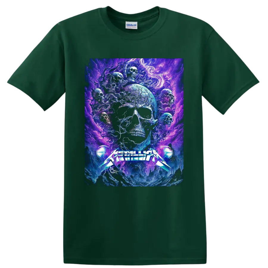 Metallica logo beneath psychedelic blue and purple skull cosmic artwork on a Forest Green T Shirt