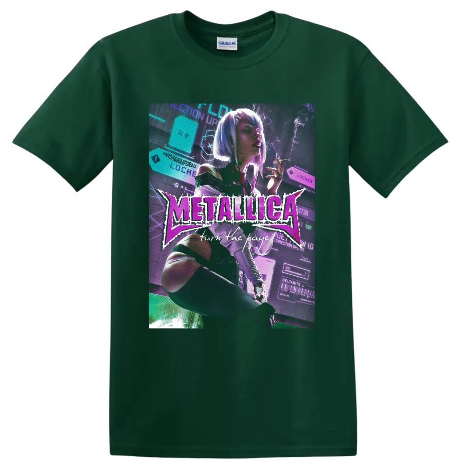Metallica Turn the Page neon cyberpunk woman graphic with futuristic interface on a Forest Green T Shirt