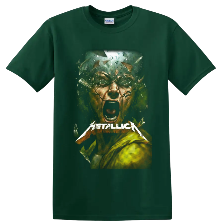Metallica wordmark over a screaming shattered face in distressed heavy metal artwork on a Forest Green T Shirt