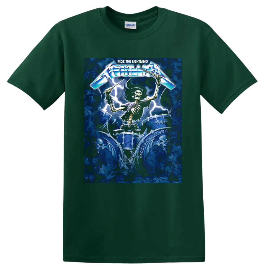 Metallica Ride the Lightning skeletal drummer graphic with lightning and spiked drums on a Forest Green T Shirt