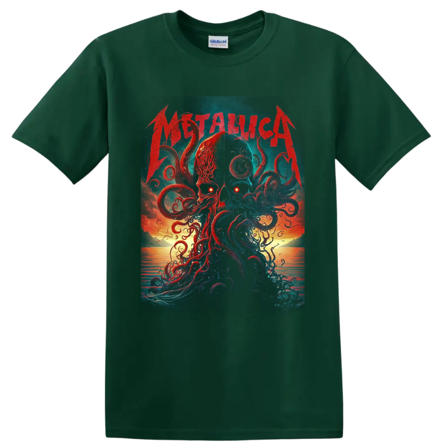 Metallica skull and kraken tentacle ocean sunset graphic in dark fantasy style on a Forest Green T Shirt
