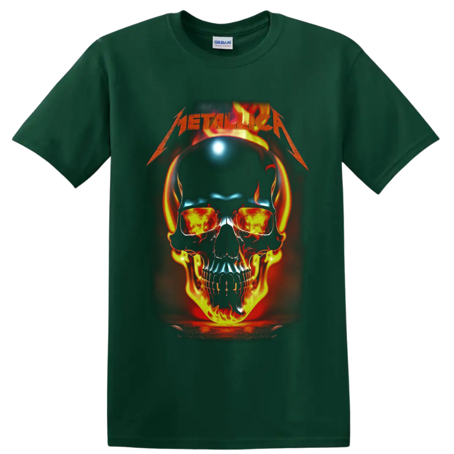 Metallica wordmark above a flaming skull with headphones and fiery sunglasses on a Forest Green T Shirt
