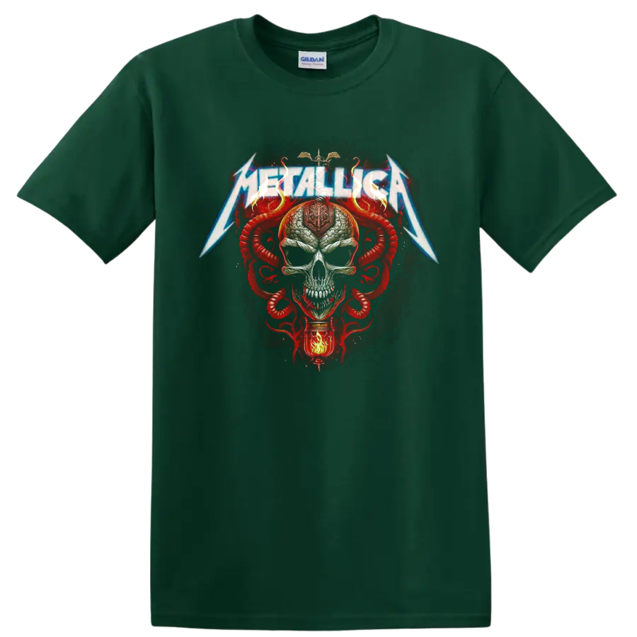 Metallica lightning logo over a skull with red serpents in gothic heavy metal art on a Forest Green T Shirt