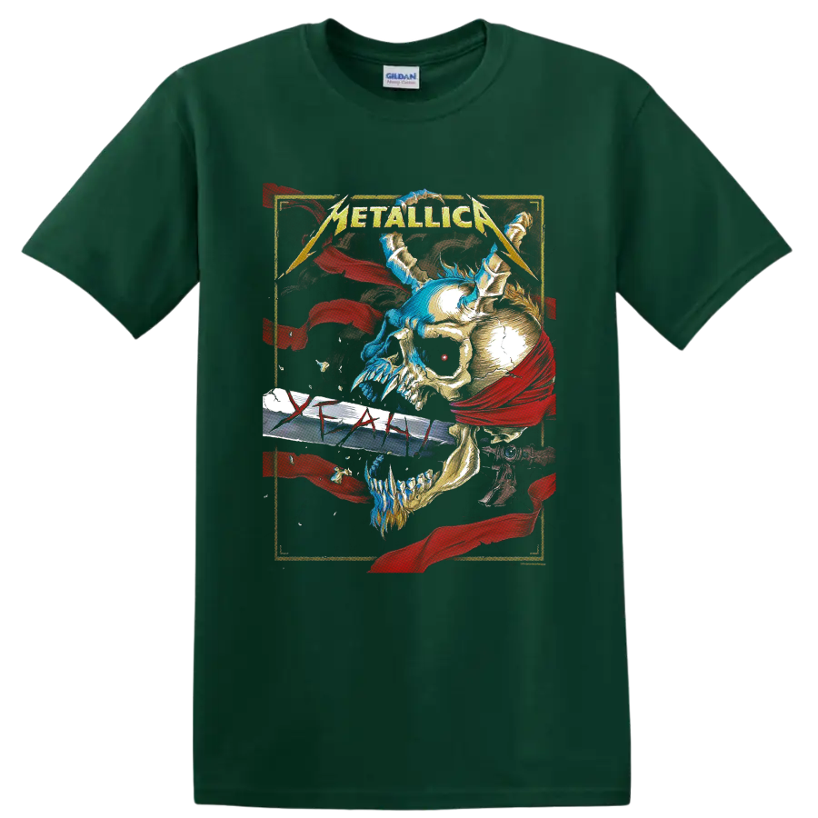 Metallica logo above skull and sword artwork with red banners and blue flame accents on a Forest Green T Shirt
