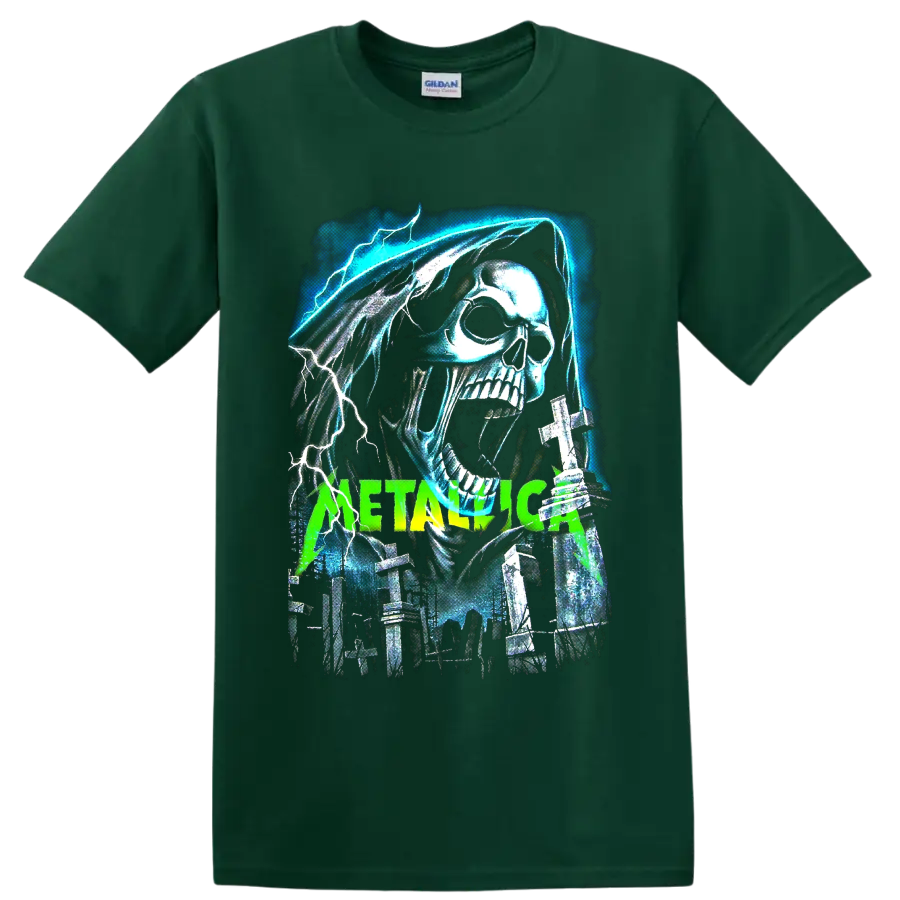 Metallica hooded skull with lightning, graveyard crosses, and neon green band lettering on a Forest Green T Shirt