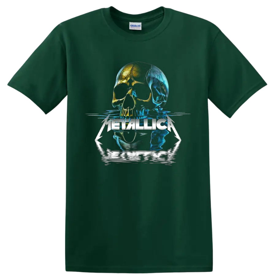 Metallica neon skull graphic with blue and gold reflections and sharp logo lettering on a Forest Green T Shirt