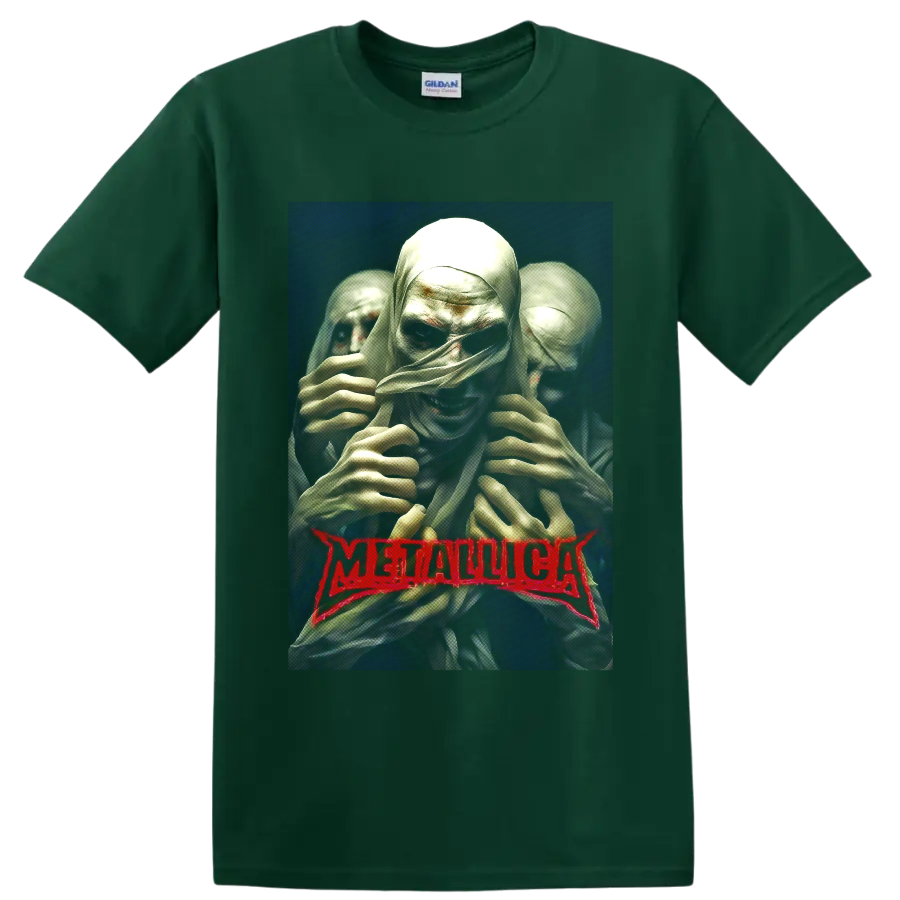 Metallica mummy horror art with three wrapped figures and red band logo on a Forest Green T Shirt