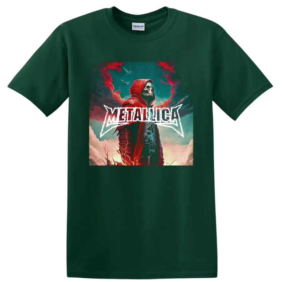 Metallica wordmark with red-hooded skull reaper in surreal smoky sky artwork on a Forest Green T Shirt