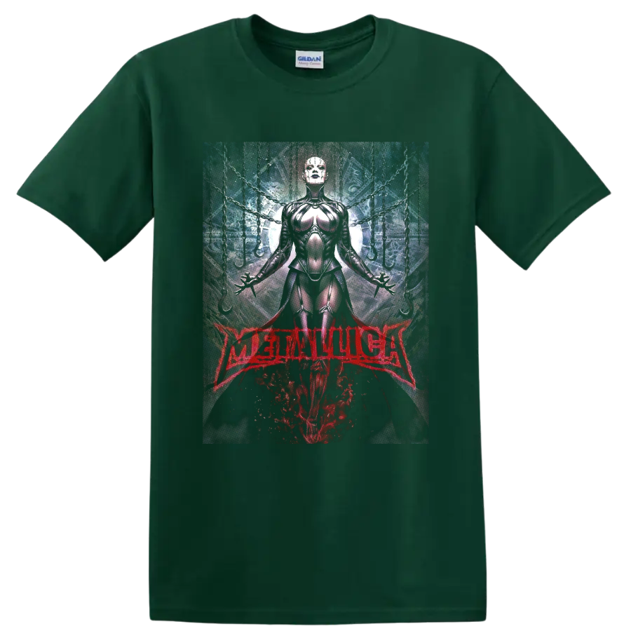 Metallica gothic armored woman with chains, red skull art, and red logo on a Forest Green T Shirt