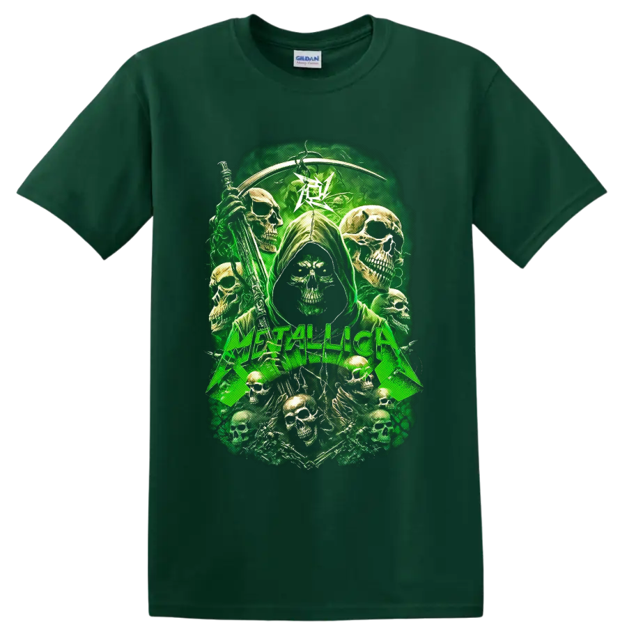 Metallica skull reaper graphic with scythe, green lightning, and surrounding skulls on a Forest Green T Shirt