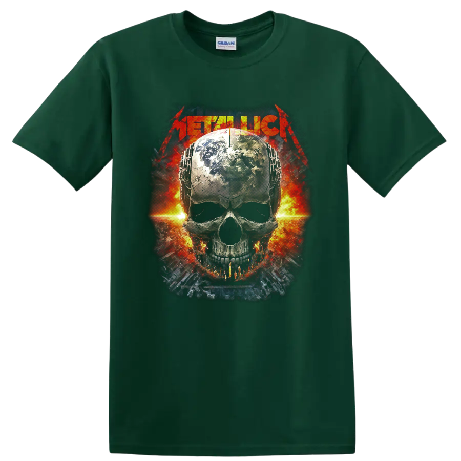 Metallica logo above a weathered globe-textured skull with fiery industrial artwork on a Forest Green T Shirt