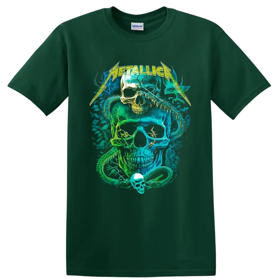 Metallica neon skull and coiled snake graphic with lightning-style band lettering on a Forest Green T Shirt