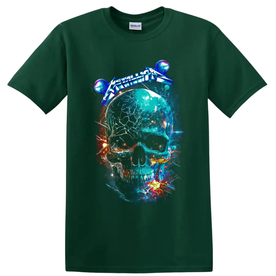 Metallica logo above an electric cosmic skull with planets, stars, and fiery space art on a Forest Green T Shirt