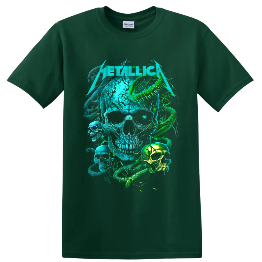 Metallica neon skulls and coiled snake graphic in electric blue and green on a Forest Green T Shirt