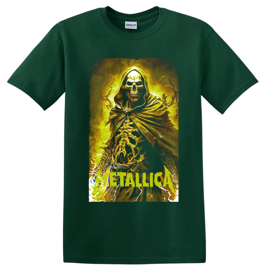 Metallica hooded skeleton graphic with flames, lightning, and band lettering on a Forest Green T Shirt