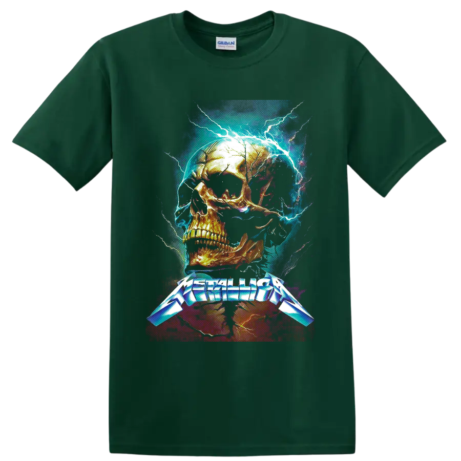 Metallica logo beneath a fiery skull with electric blue lightning on a Forest Green T Shirt