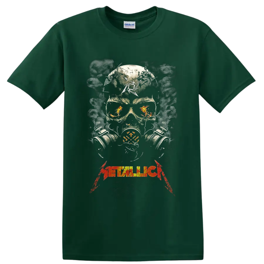 Metallica distressed skull in gas mask with flames, smoke, and band logo on a Forest Green T Shirt