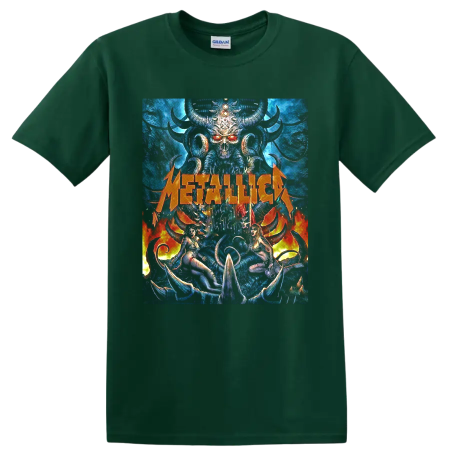 Metallica horned skull demon graphic with blue fantasy art, flames, and orange logo on a Forest Green T Shirt