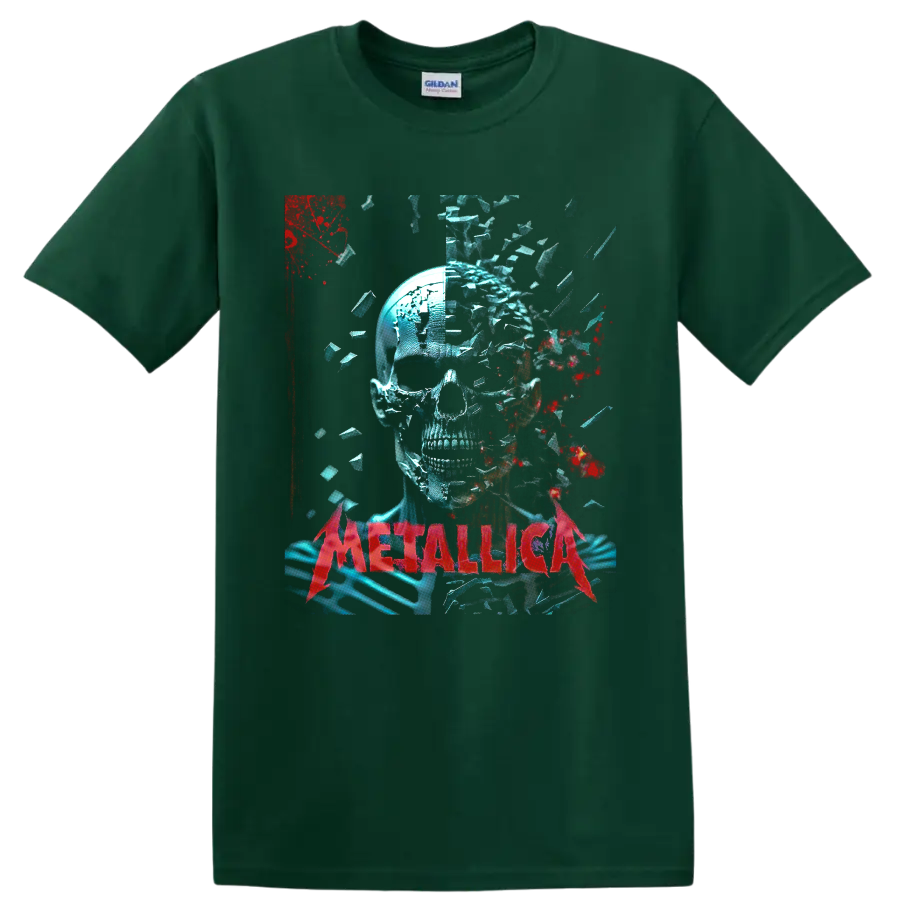 Metallica shattered skull graphic with blue fragments, red splatter, and red band on a Forest Green T Shirt