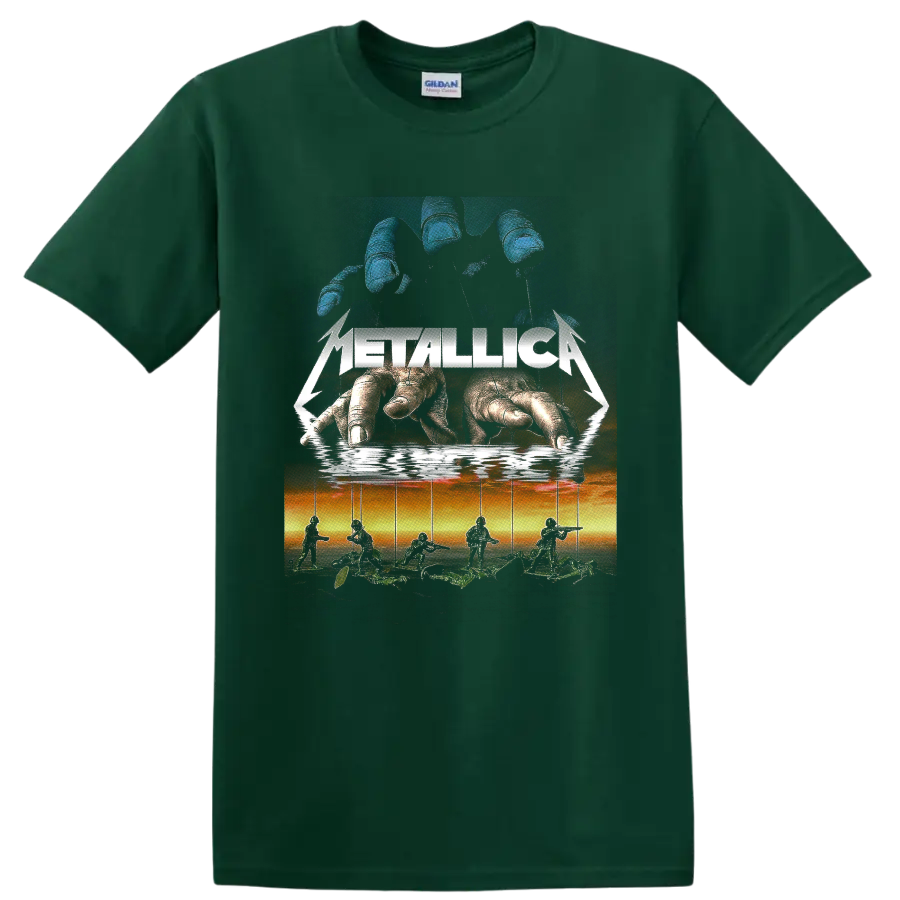 Metallica logo over giant hands controlling soldier marionettes in surreal rock art on a Forest Green T Shirt