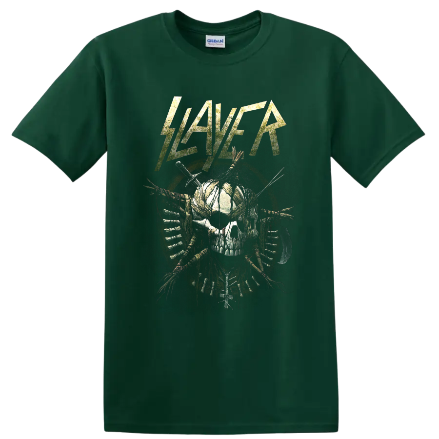 Slayer distressed logo above a bound skull with blades and weapon details on a Forest Green T Shirt