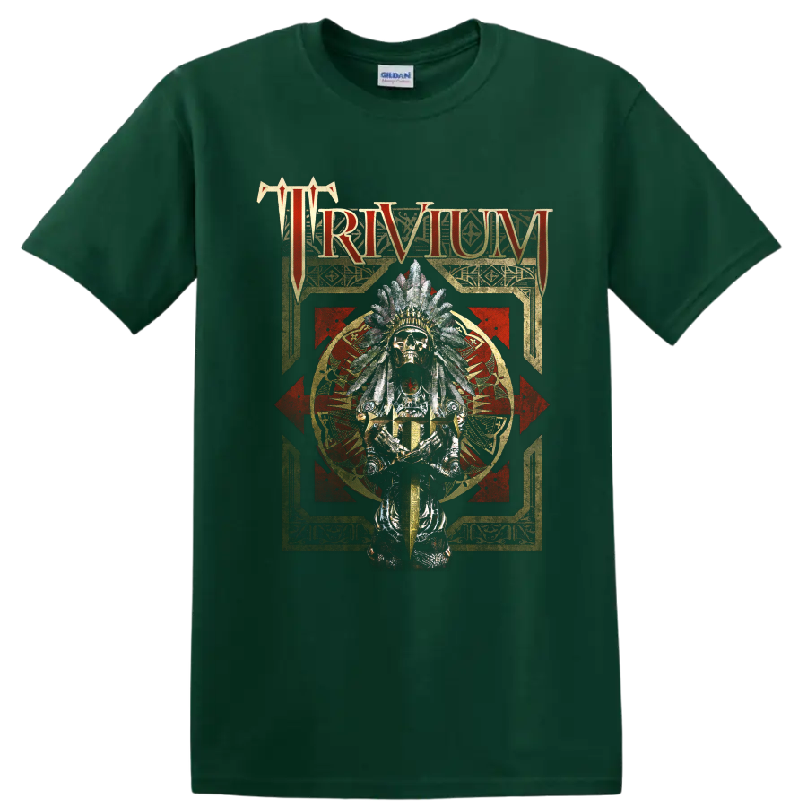 Trivium feathered skull warrior with sword in distressed gothic metal artwork on a Forest Green T Shirt