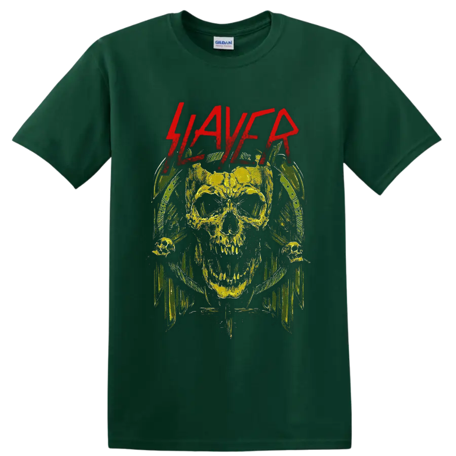 Slayer logo above a distressed horned skull in gothic thrash metal artwork on a Forest Green T Shirt