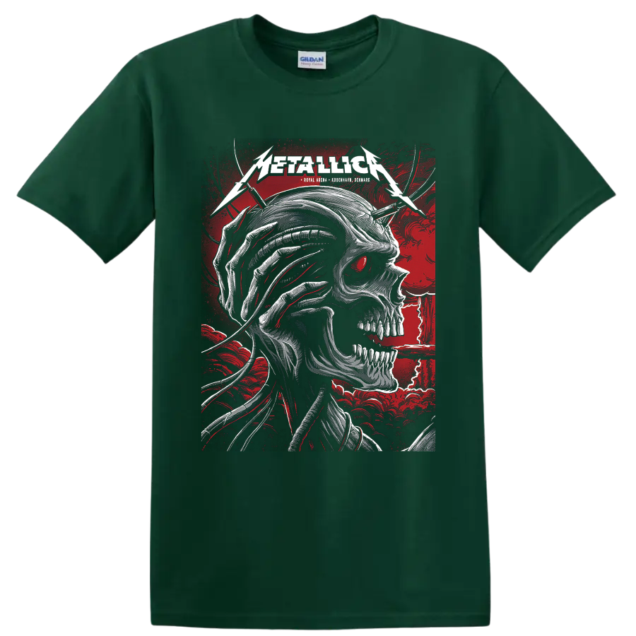 Metallica Royal Arena Copenhagen skull concert poster graphic with red eye and lightning on a Forest Green T Shirt