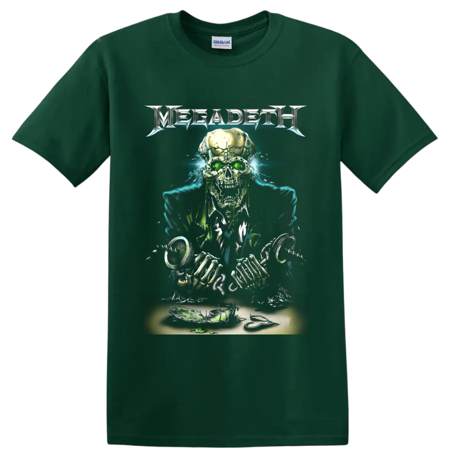 Megadeth Vic Rattlehead skull artwork with green eyes and electric blue energy on a Forest Green T Shirt