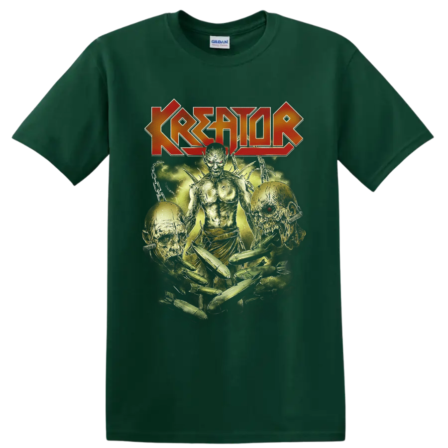 Kreator logo above skeletal warrior, skulls, chains, and bullets in distressed horror art on a Forest Green T Shirt