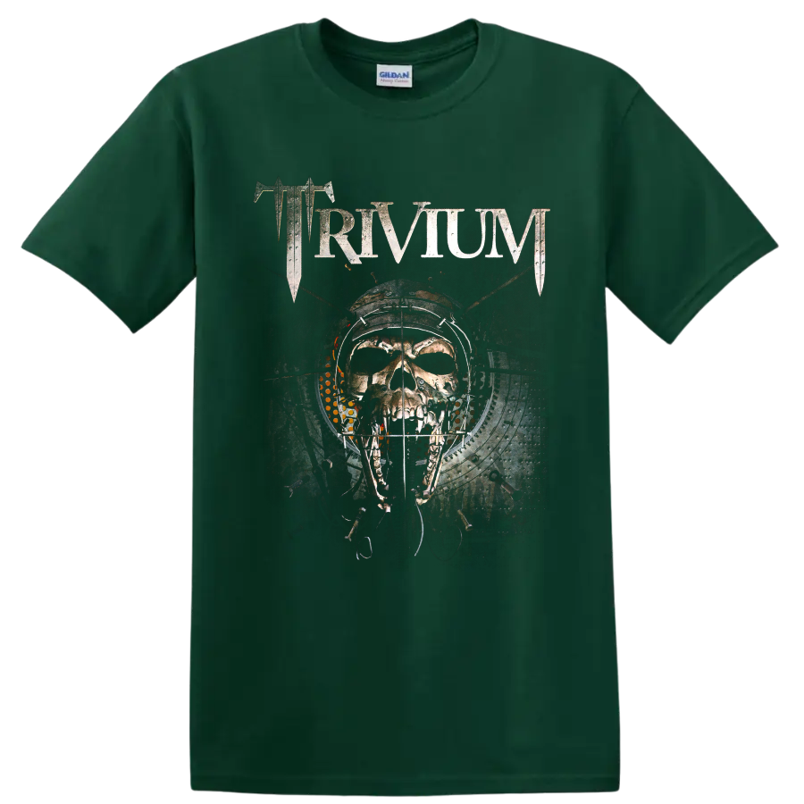 Trivium distressed logo above a mechanical skull in gothic industrial artwork on a Forest Green T Shirt