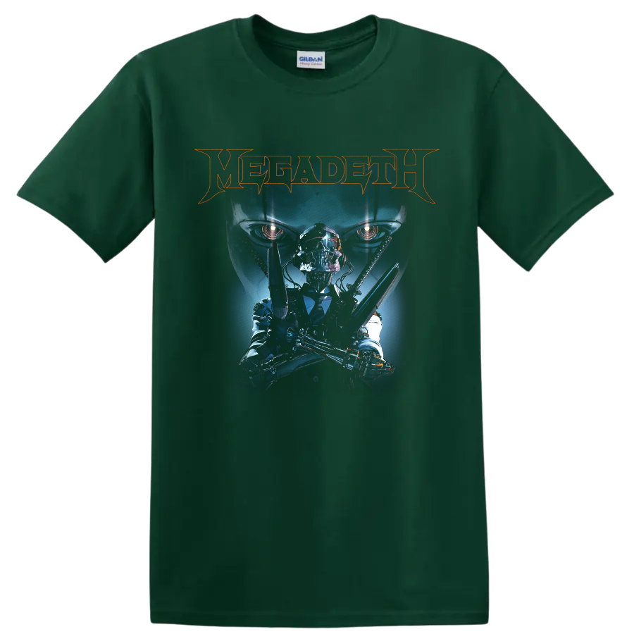 Megadeth logo with cybernetic Vic Rattlehead in a dark futuristic metal graphic on a Forest Green T Shirt