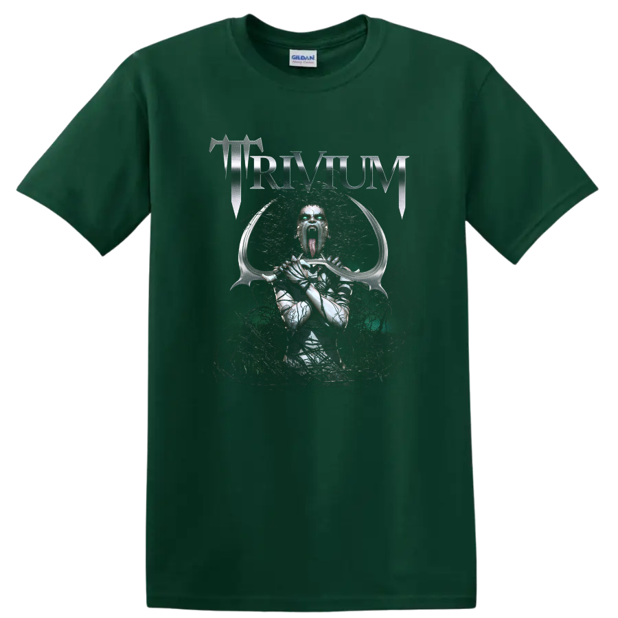 Trivium metallic logo above screaming demonic armored figure with curved sword on a Forest Green T Shirt