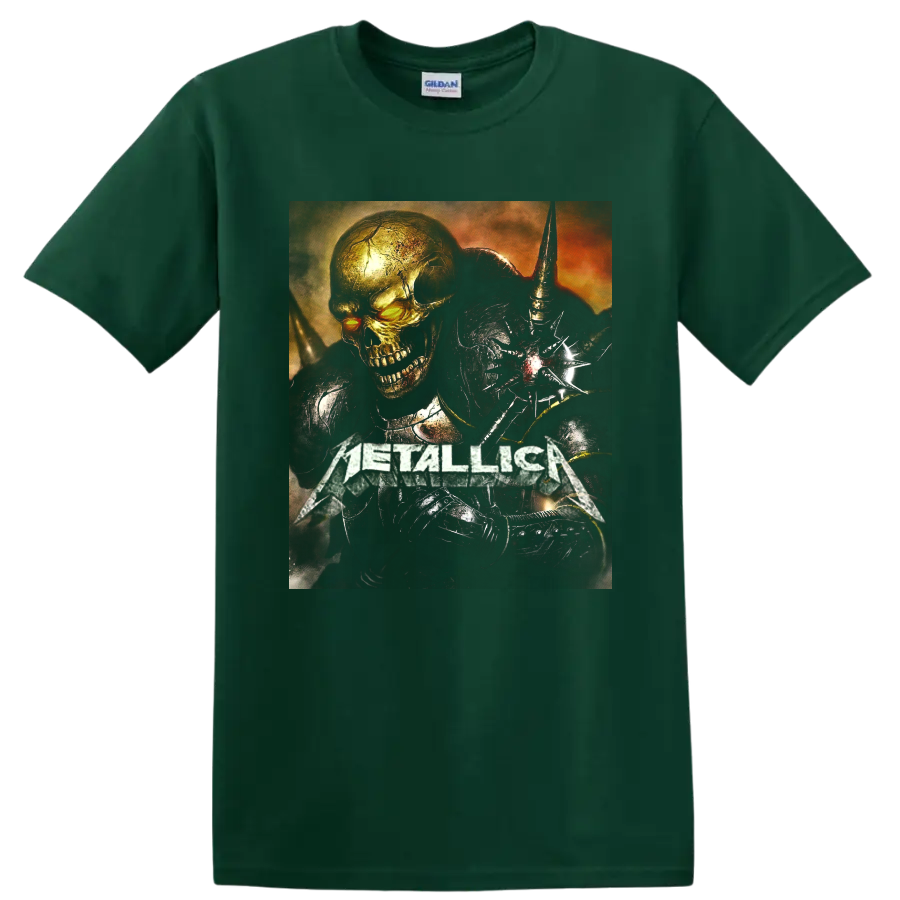 Metallica logo with glowing-eyed skull and dark armored warrior gothic graphic on a Forest Green T Shirt