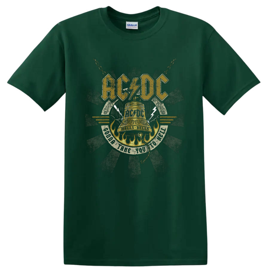 AC/DC Hells Bells distressed gold bell graphic with flames, chains, and lightning on a Forest Green T Shirt