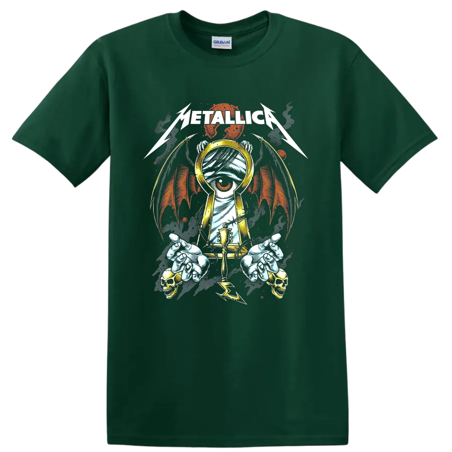 Metallica logo above a one-eyed mummy with gold headphones, wings, skulls, and barbed wire on a Forest Green T Shirt