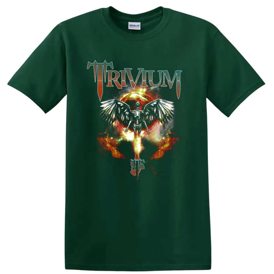 Trivium logo with winged skeleton, fiery eclipse, and flames in metal art on a Forest Green T Shirt