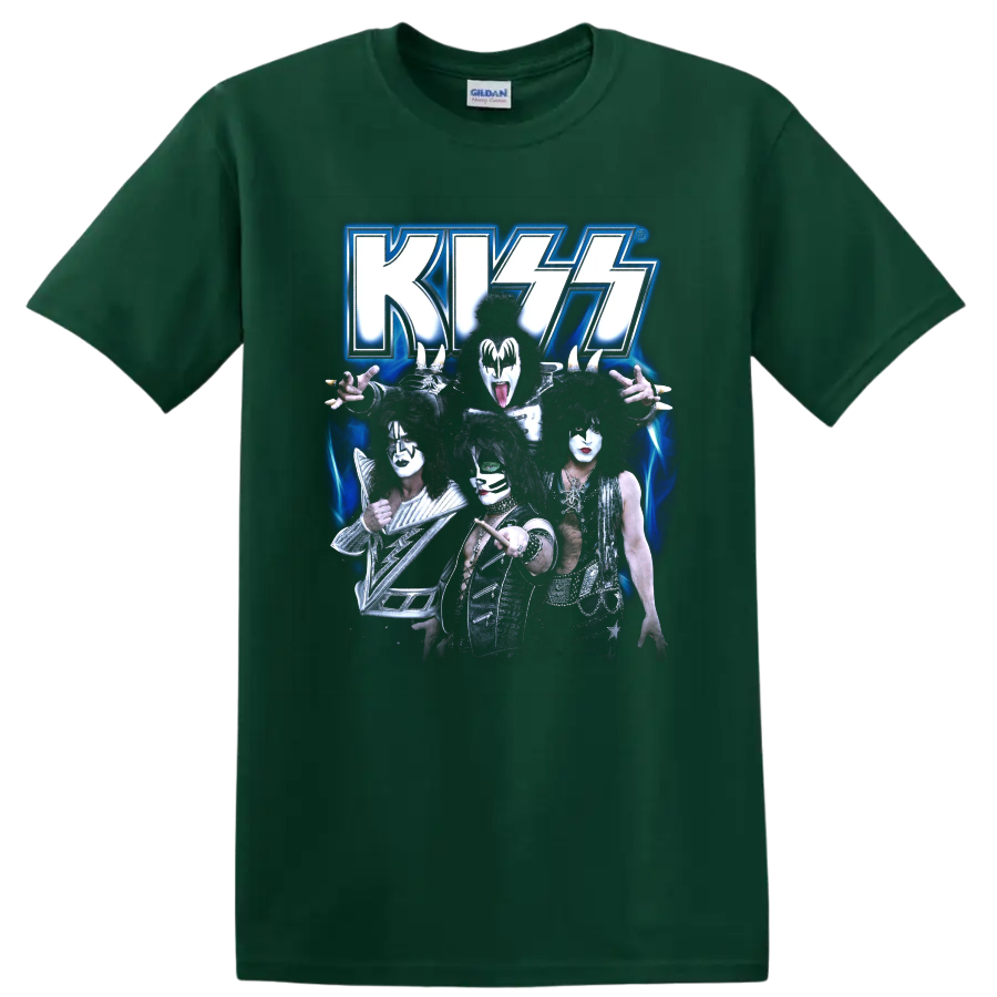 KISS band members in theatrical makeup beneath a glowing blue KISS logo on a Forest Green T Shirt