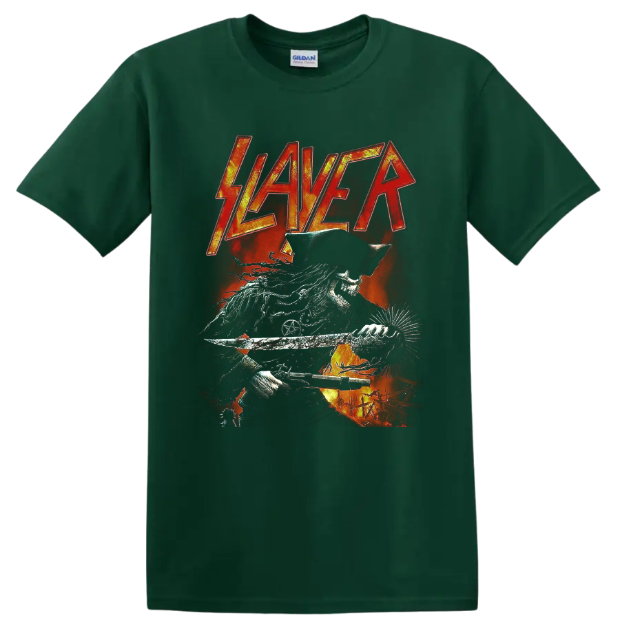 Slayer logo above a fiery pirate skeleton with sword and firearm in dark metal art on a Forest Green T Shirt