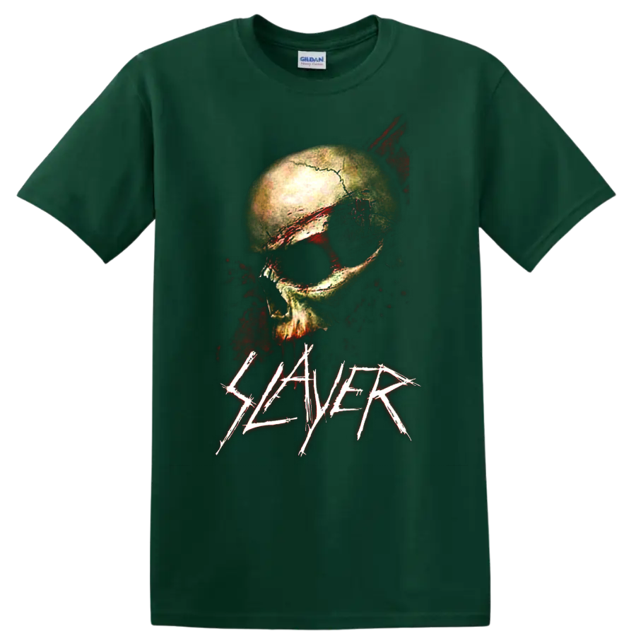 Distressed skull graphic with red splatter details and Slayer logo on a Forest Green T Shirt