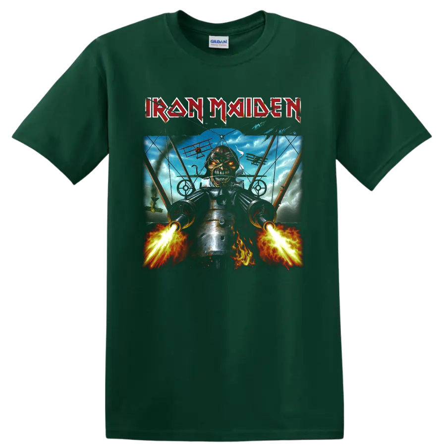 Iron Maiden Eddie fighter pilot graphic with blazing guns, aircraft, flames, and band logo on a Forest Green T Shirt