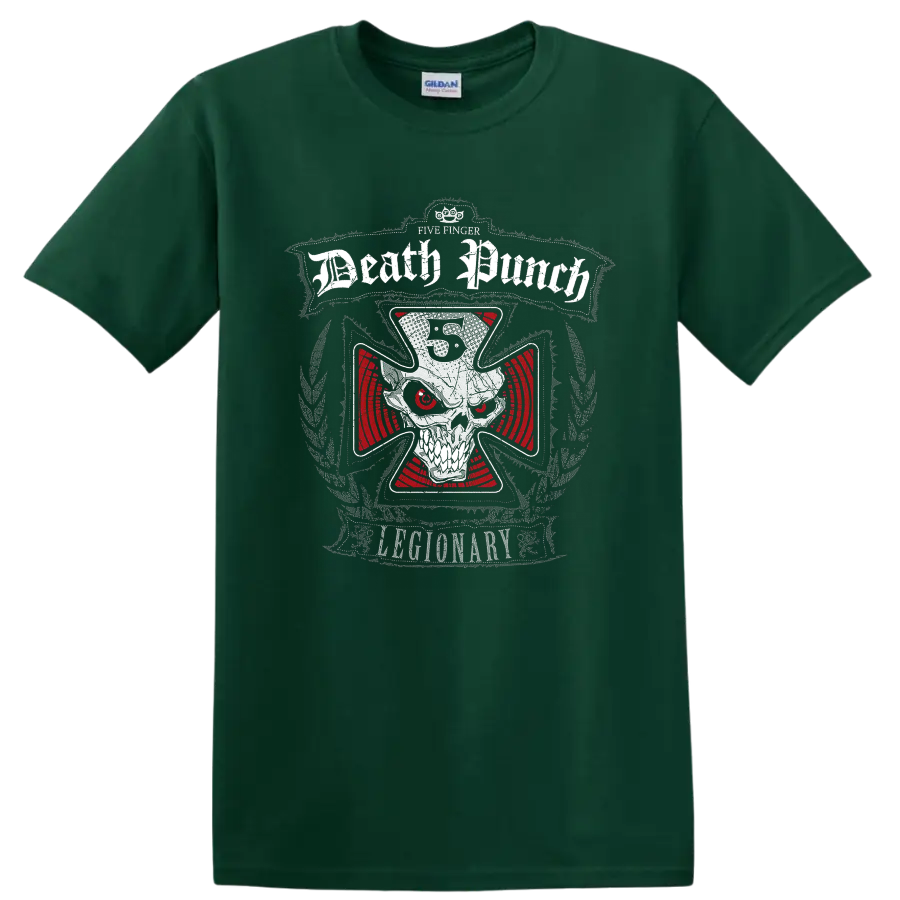 Five Finger Death Punch Legionary skull graphic with red eyes and distressed lettering on a Forest Green T Shirt