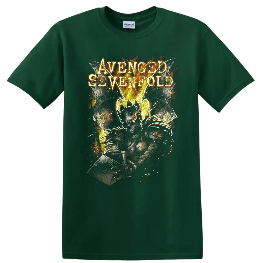 Avenged Sevenfold Deathbat in fiery distressed Shepherd of Fire graphic on a Forest Green T Shirt