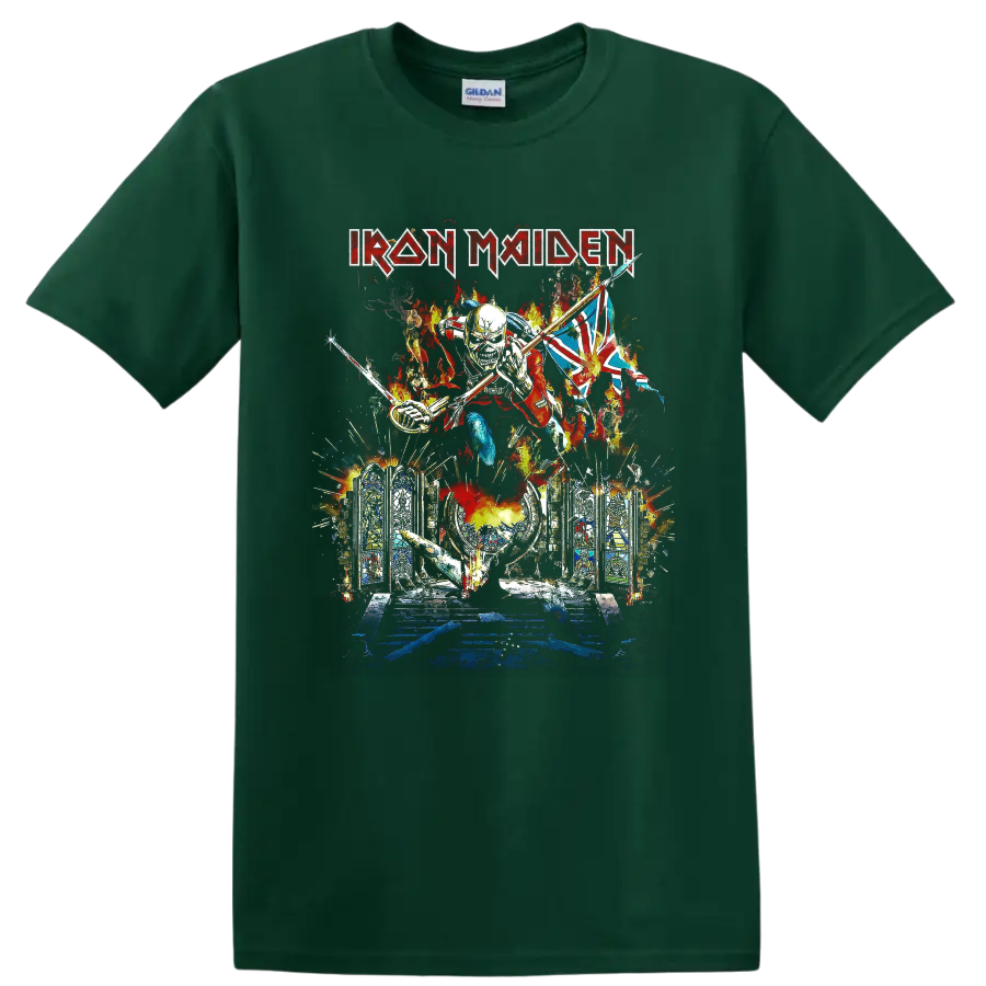Iron Maiden Eddie the Trooper graphic with Union Jack, flames, and Gothic stained glass on a Forest Green T Shirt