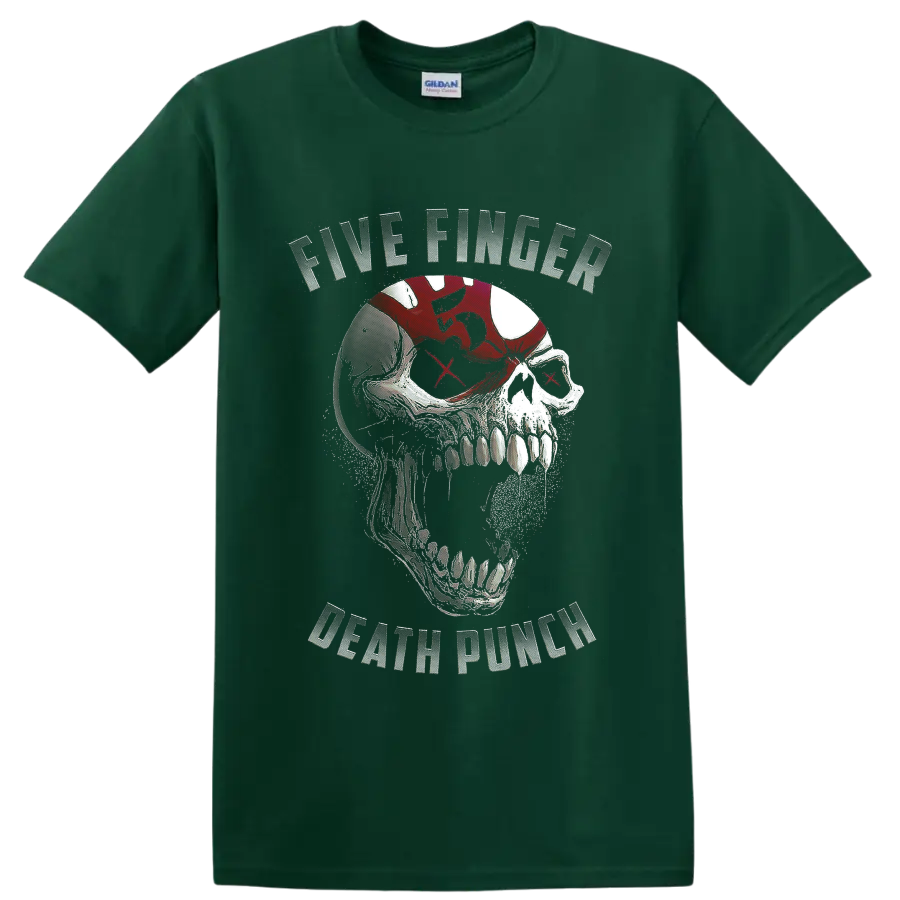 Five Finger Death Punch distressed skull graphic with red X eyes and band lettering on a Forest Green T Shirt