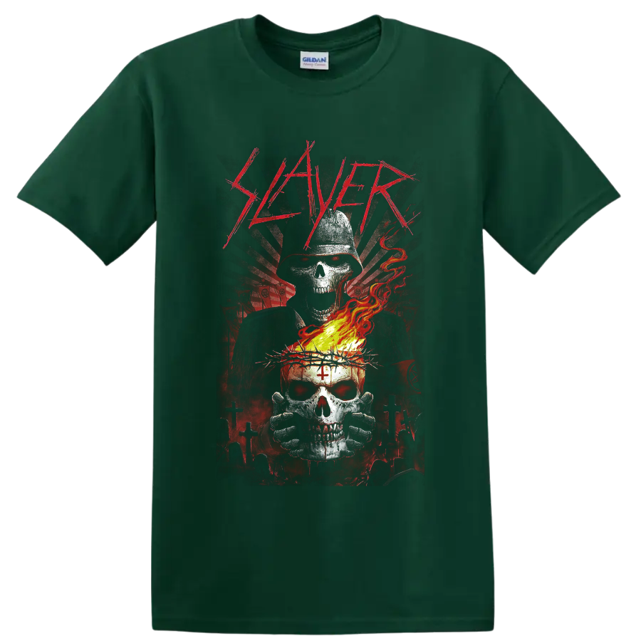 Slayer logo above hooded reaper and flaming skull in gothic graveyard art on a Forest Green T Shirt
