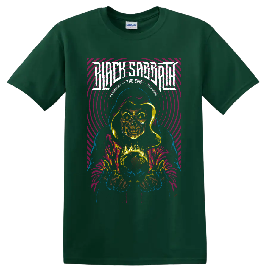 Judas Priest Invincible Shield hooded skull wizard with flaming globe and neon rings on a Forest Green T Shirt