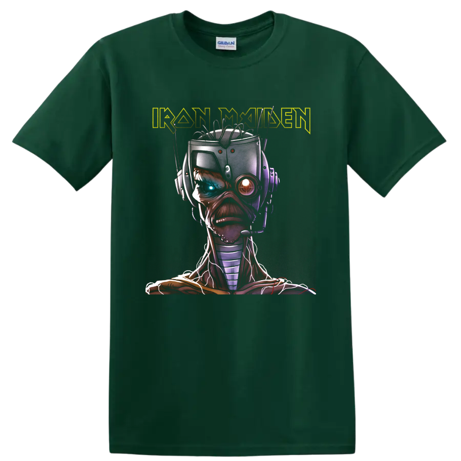 Iron Maiden Eddie the Head cyborg portrait with glowing mechanical eyes and wired headset on a Forest Green T Shirt
