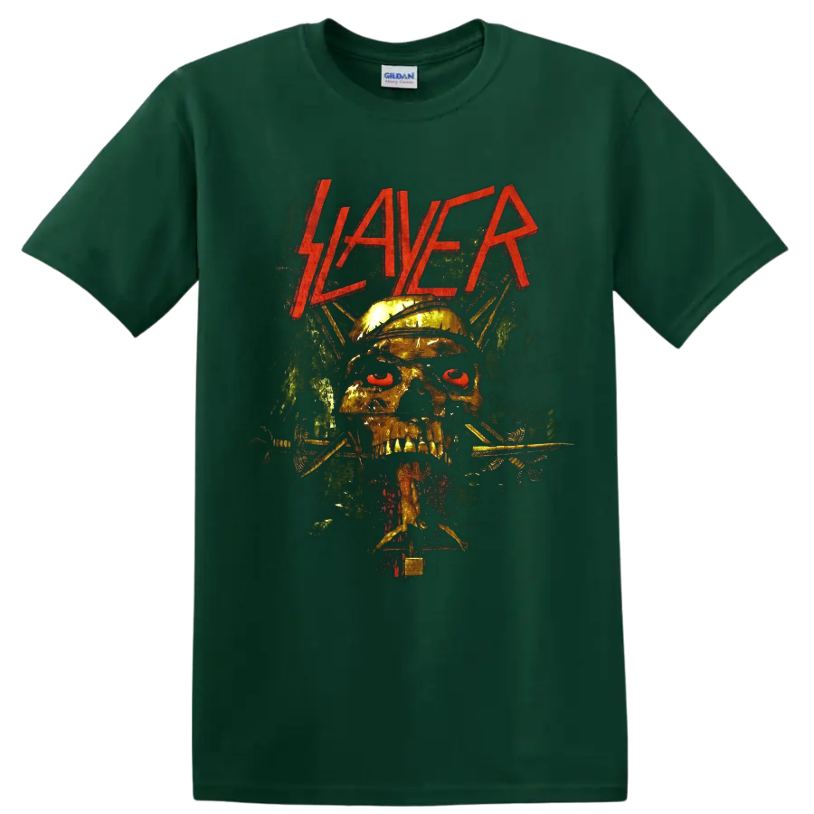 Slayer logo above a spiked helmet skull with barbed wire in gritty heavy metal art on a Forest Green T Shirt