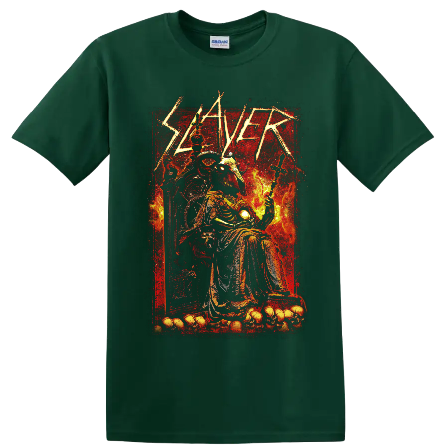 Slayer Show No Mercy gothic horned skeleton on throne with flames and skulls on a Forest Green T Shirt